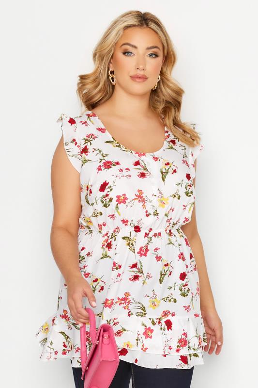 Curve White Floral Print Frill Sleeve Smock Top 1