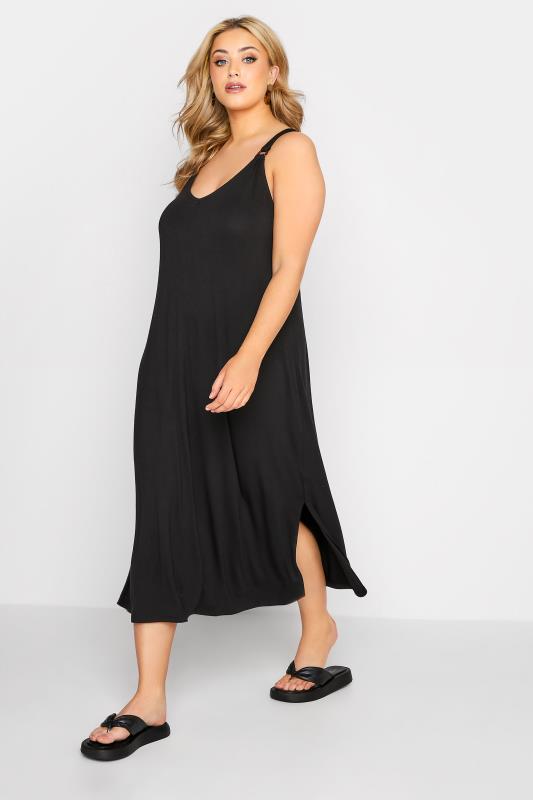  Grande Taille Curve Black Side Split Midi Beach Dress