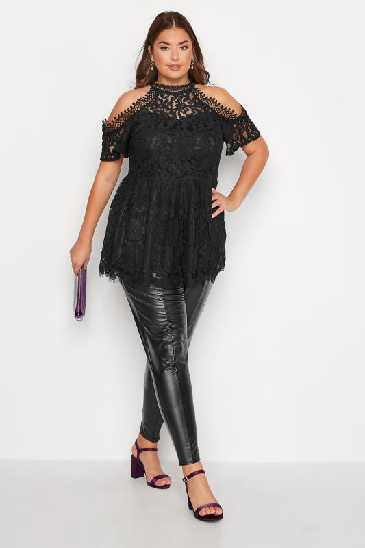 YOURS LONDON Plus Size Black Cold Shoulder Lace Top | Yours Clothing 2