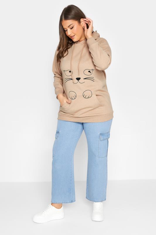 Plus Size Beige Brown Cat Graphic Print Hoodie | Yours Clothing 2