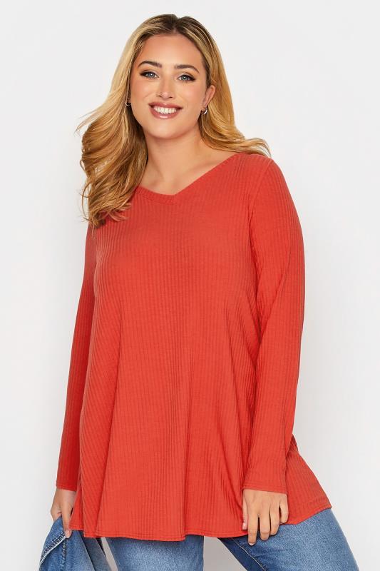 Plus Size  YOURS Curve Bright Red Long Sleeve Ribbed Swing Top