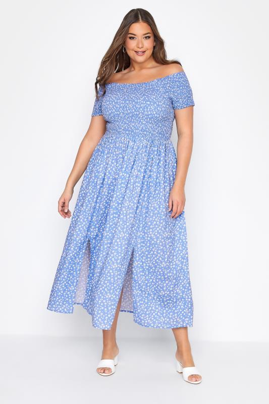 Curve Blue Ditsy Print Bardot Maxi Dress 1