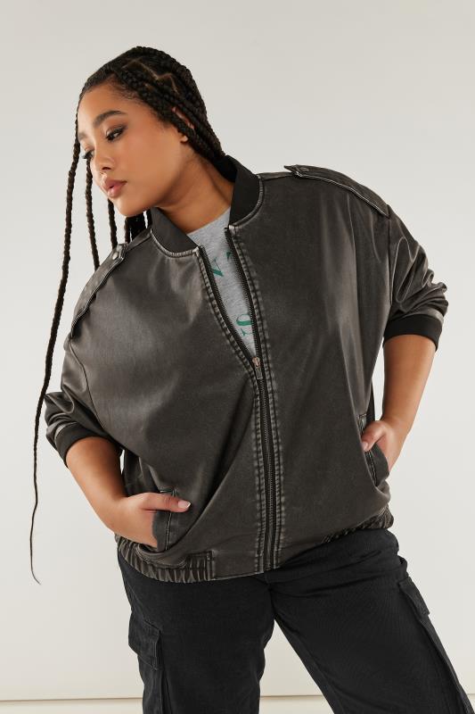 YOURS Plus Size Grey Washed Faux Leather Bomber Jacket | Yours Clothing 1