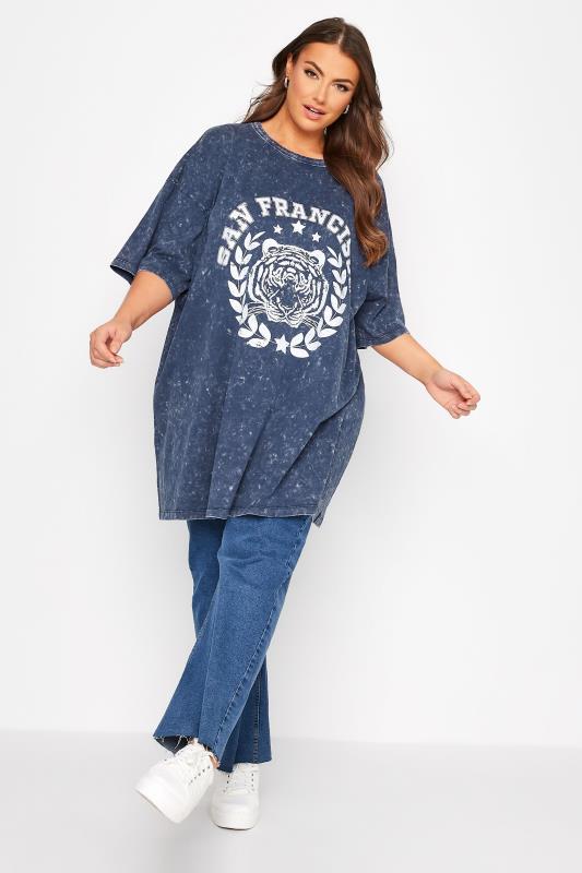 Plus Size Navy Blue Acid Wash 'San Francisco' Oversized Tunic T-Shirt Dress | Yours Clothing 2