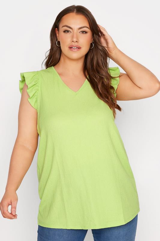 Plus Size  Curve Lime Green Frill Sleeve Vest Top