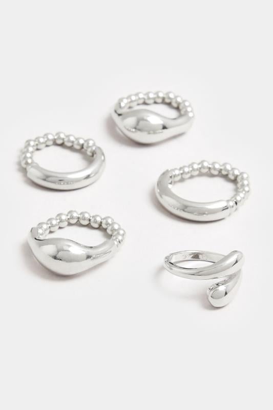 5 PACK Silver Tone Stretch Statement Rings | Yours Clothing 2