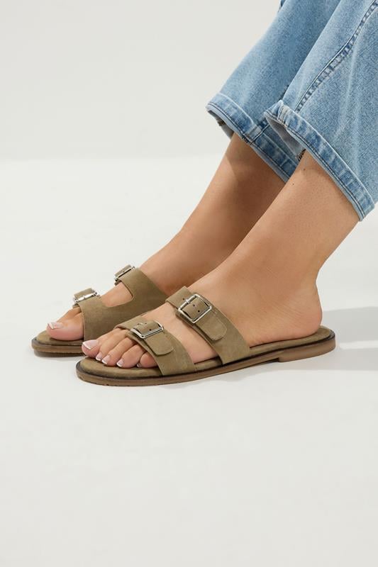 Taupe Brown Double Buckle Footed Mule In Extra Wide EEE Fit 1