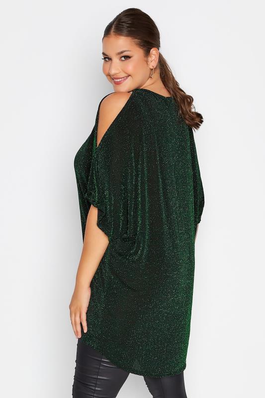 YOURS LONDON Plus Size Green Glitter Cold Shoulder Cape Top | Yours Clothing 3
