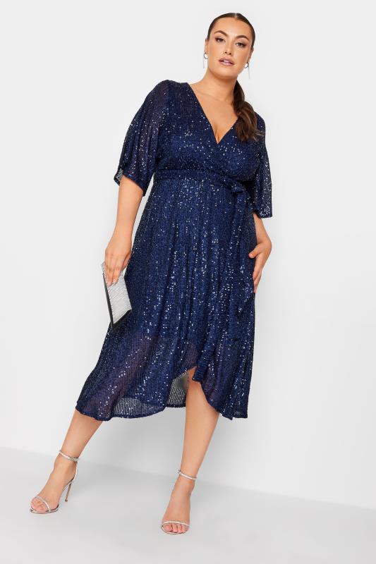 YOURS LONDON Plus Size Navy Blue Sequin Embellished Double Wrap Dress | Yours Clothing 1