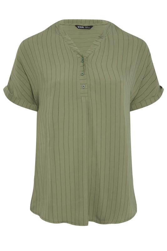 YOURS Curve Plus Size Khaki Green Half Placket Stripe Blouse | Yours Clothing  6
