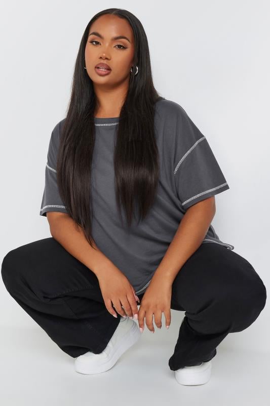 YOURS Plus Size Grey Contrast Stitch T-Shirt | Yours Clothing 2