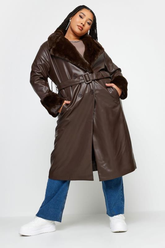 YOURS Plus Size Brown Faux Fur Trim Trench Coat | Yours Clothing 1