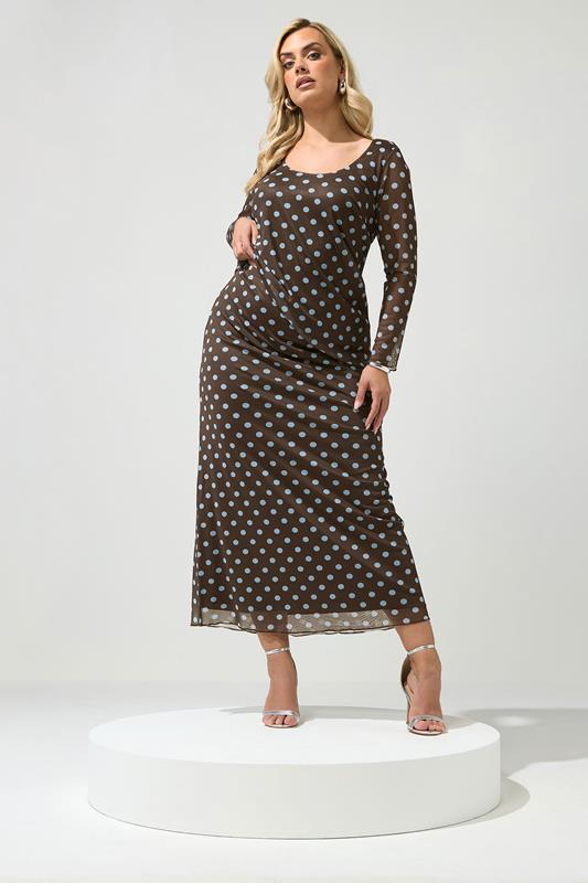  YOURS LONDON Curve Brown & Blue Polka Dot Long Sleeve Top