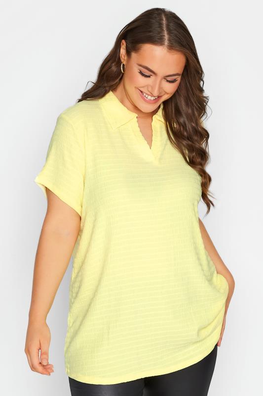 Plus Size Yellow Textured Polo Neck Top | Yours Clothing 1