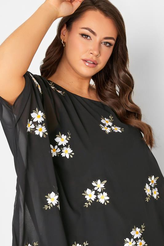 YOURS LONDON Plus Size Black Daisy Embroidered Cape Top | Yours Clothing 4
