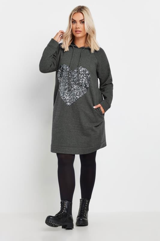 YOURS Plus Size Charcoal Grey Sequin Embellished Heart Hoodie Dress | Yours Clothing  1