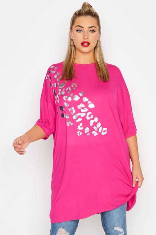 Plus Size  LIMITED COLLECTION Curve Hot Pink Foil Leopard Print Oversized T-Shirt