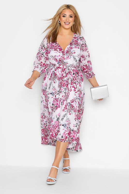 YOURS LONDON Curve Pink Floral Wrap Puff Sleeve Dress_B.jpg