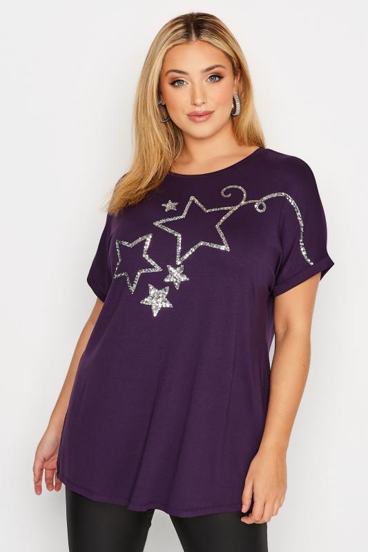 Plus Size  Curve Purple & Silver Sequin Star T-Shirt