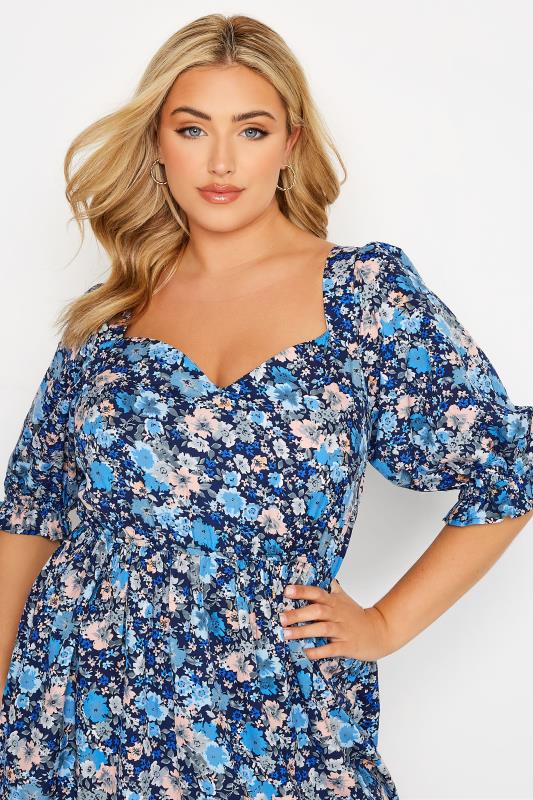 Curve Blue Floral Print Sweetheart Puff Sleeve Top 4