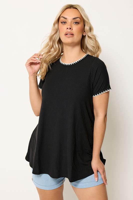  YOURS zwart T-shirt met contrasterende stiksels en wijde pasvorm