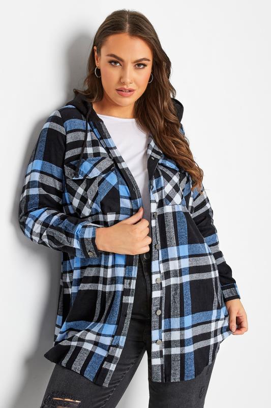 Plus Size Blue Check Hooded Shirt | Yours Clothing 1