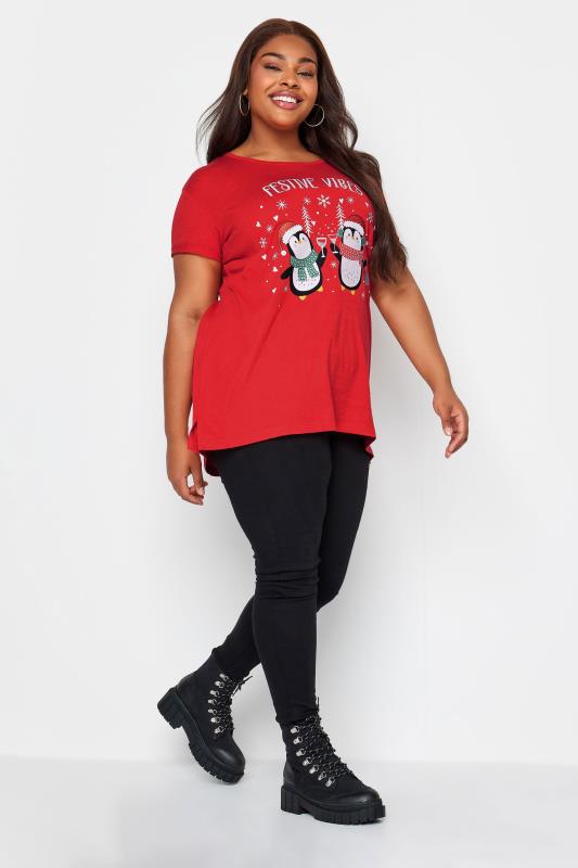 YOURS Curve Red Penguin Print 'Festive Vibes' Slogan Christmas T-Shirt | Yours Clothing  2