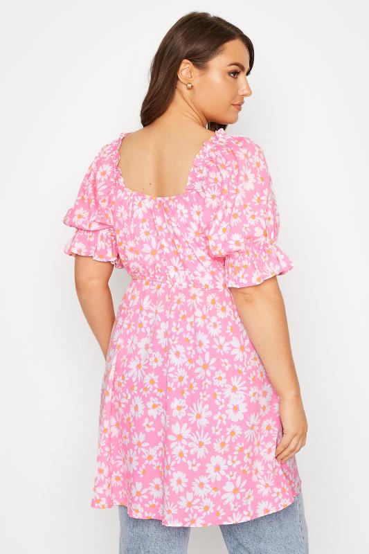 Plus Size Pink Daisy Puff Sleeve Tunic Top | Yours Clothing 3