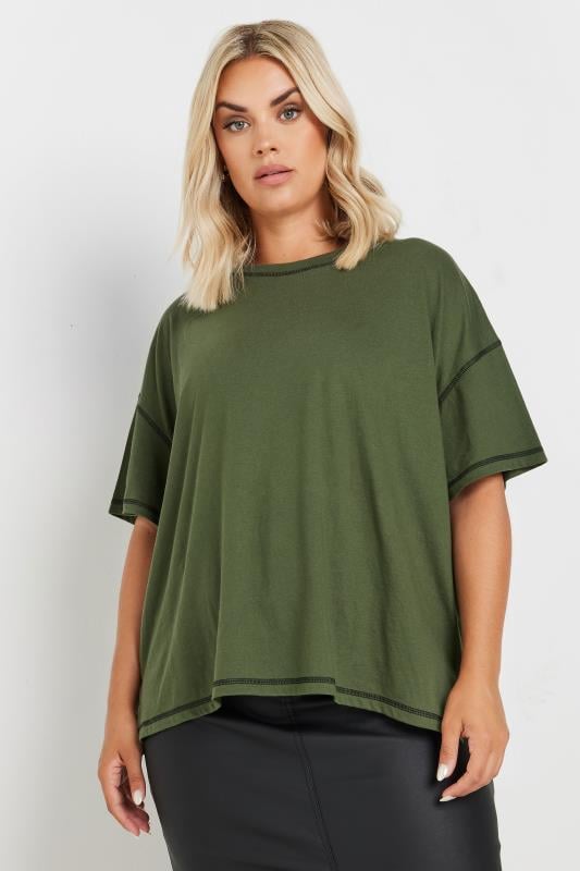  YOURS Curve Khaki Green Contrast Stitch T-Shirt