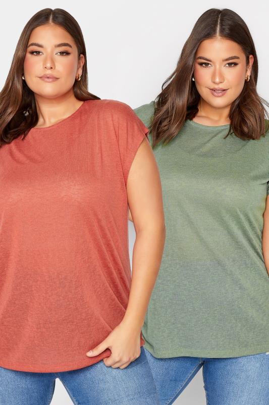 Plus Size  YOURS Curve 2 PACK Khaki Green & Rust Orange Linen Look T-Shirts