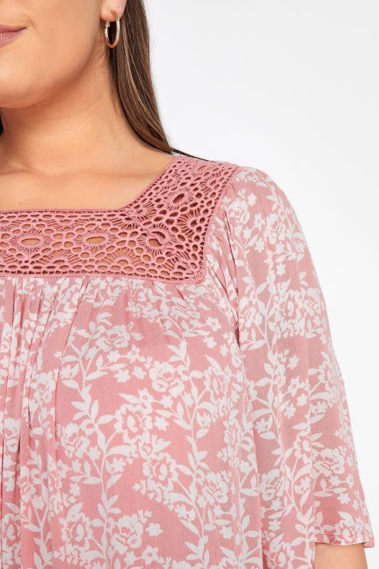 Plus Size Coral Pink Floral Square Neck Top | Yours Clothing 5