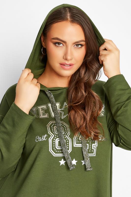Plus Size Khaki Green 'New York' Dipped Hem Hoodie | Yours Clothing 4