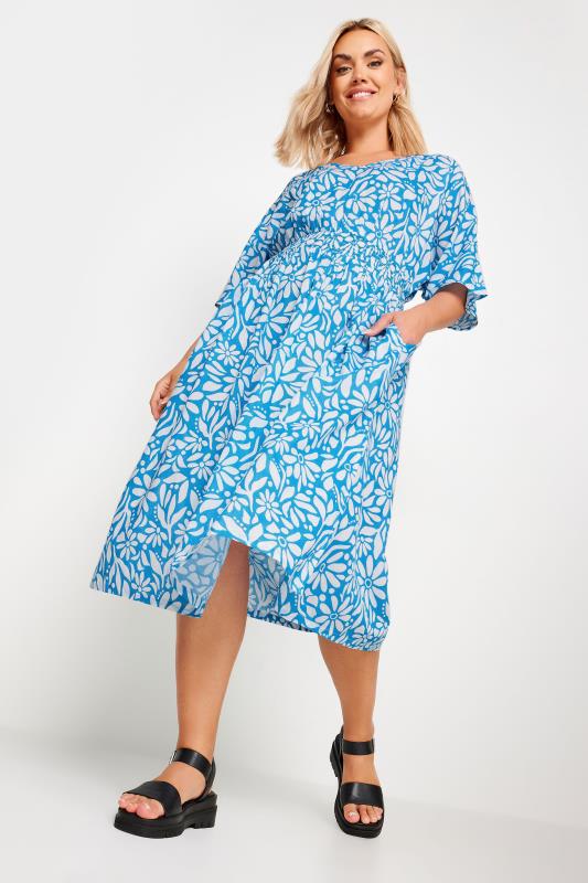 YOURS Plus Size Blue Floral Print Linen Shirred Midaxi Dress | Yours Clothing 1