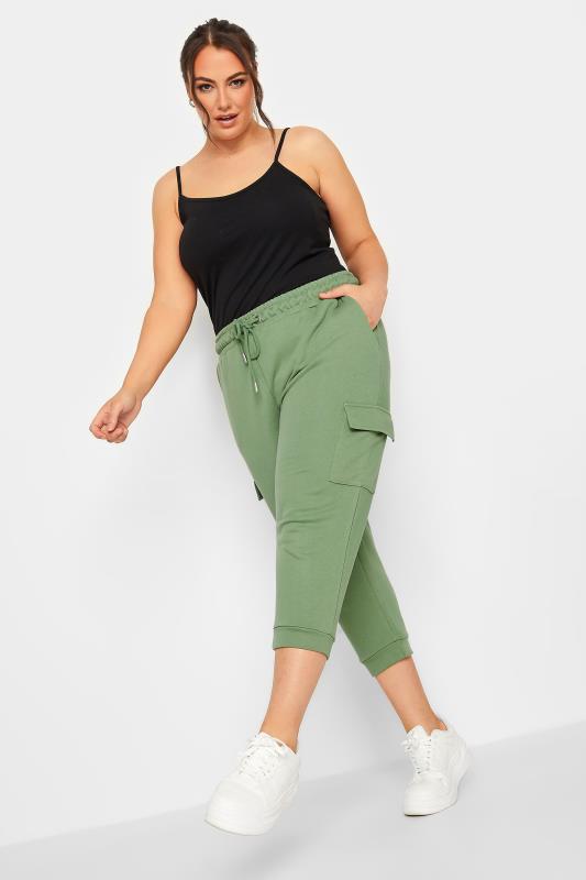 YOURS Curve Sage Green Cargo Pocket Cropped Joggers 2