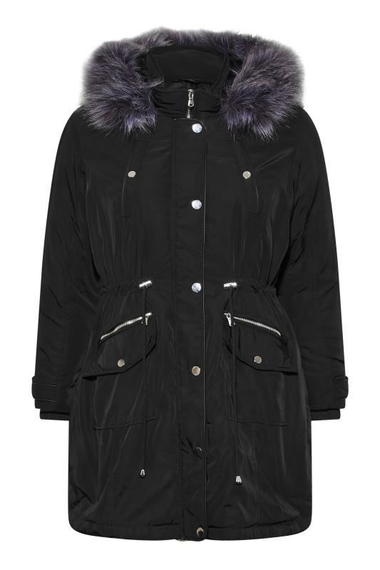 Plus Size Black Plush Fur Trim Parka Coat | Yours Clothing 6