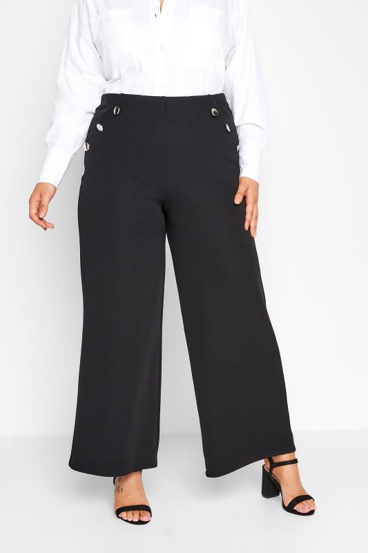 Plus Size  YOURS Curve Black Buttoned Wide Leg Stretch Trousers