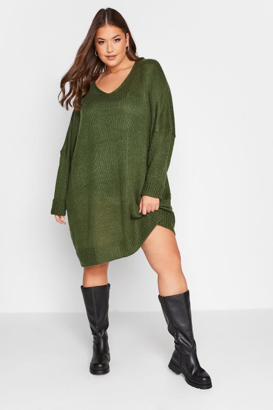 Plus Size Curve Khaki Green Drop Sleeve Knitted Jumper Dress | Yours Clothing 1