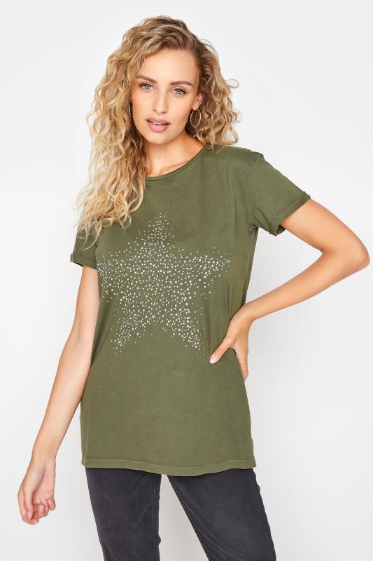 LTS Tall Khaki Green Acid Wash Star Embellished T-Shirt 1