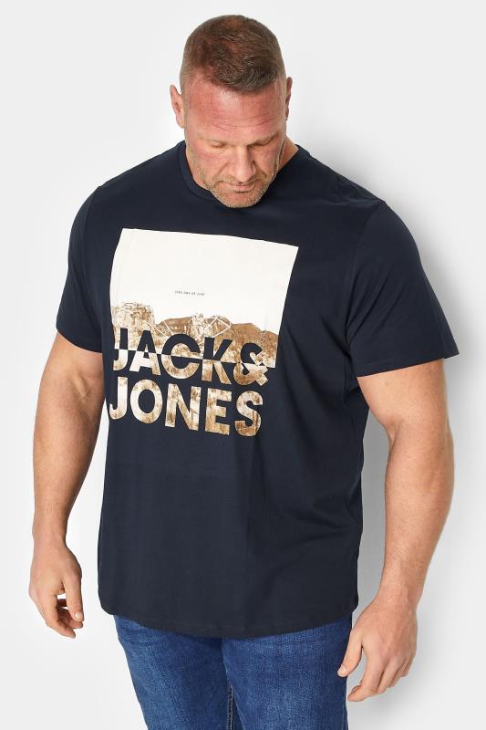 JACK & JONES Big & Tall Mens Navy Blue Logo Mountain Print T-Shirt | BadRhino 1