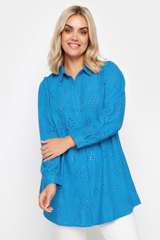 YOURS Plus Size Blue Broderie Anglaise Shirt | Yours Clothing 1