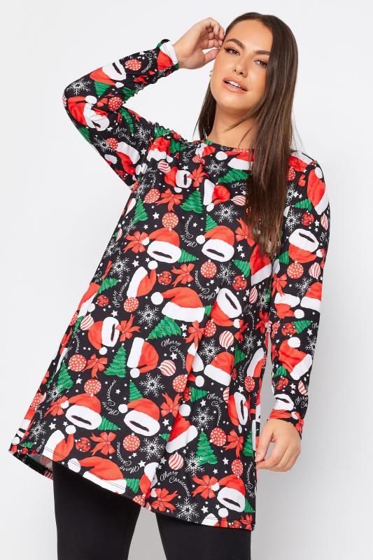 YOURS Plus Size Black Christmas Decoration Print Tunic Top | Yours Clothing 1