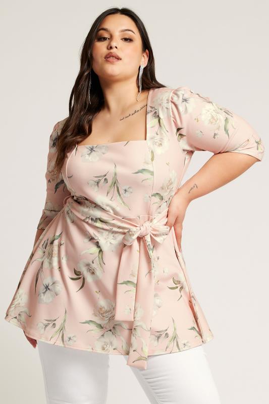 YOURS LONDON Plus Size Pink Floral Print Square Neck Top | Yours Clothing 1