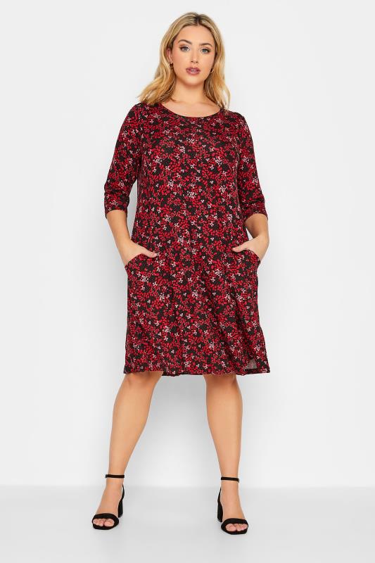 Plus Size Red Ditsy Print Drape Pocket Dress | Yours Clothing 1