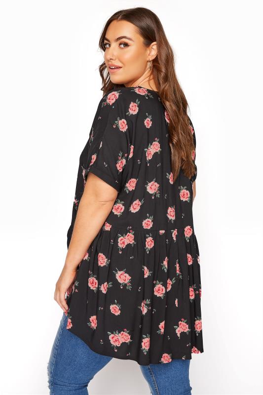 Black Floral Print Button Front Peplum Top | Yours Clothing
