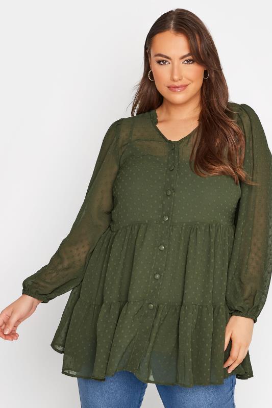 Plus Size Forest Green Dobby Chiffon Smock Shirt | Yours Clothing 1