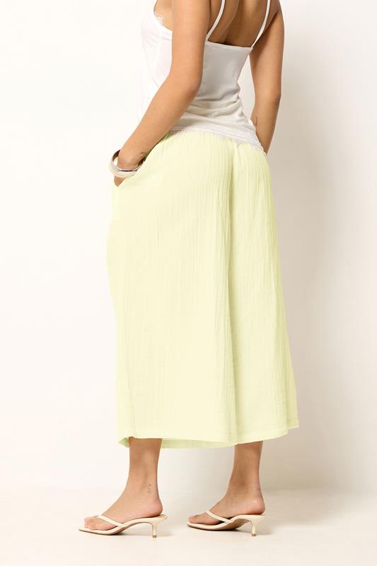 PixieGirl Petite Women's Lemon Yellow Cotton Cheesecloth Cropped Wide Leg Trousers | PixieGirl 2