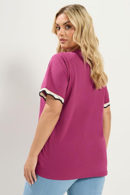 YOURS Plus Size Dark Pink Metallic Crochet Trim T-Shirt | Yours Clothing  2