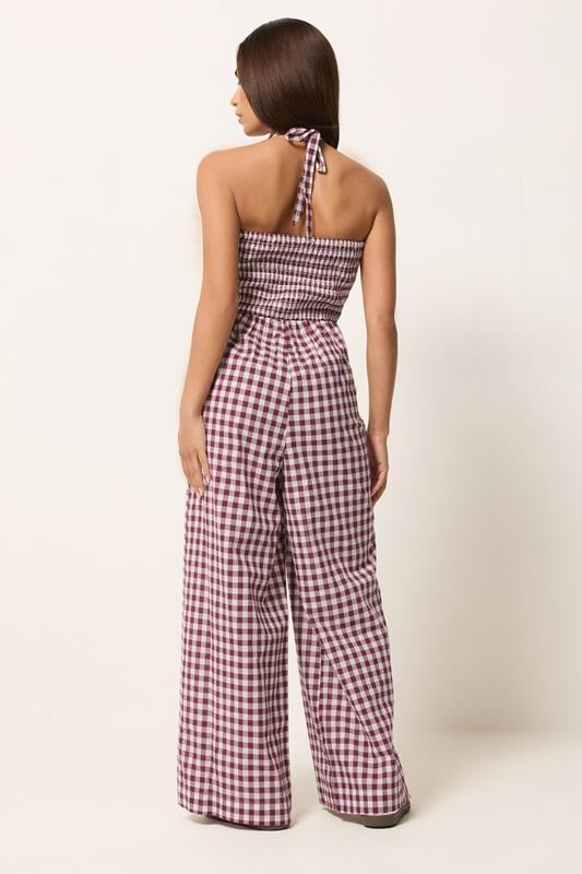PixieGirl Petite Women's Plum Purple Gingham Wide Leg Jumpsuit | PixieGirl 2