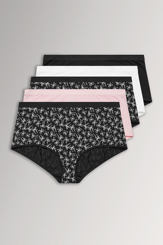 YOURSET 5 PACK Curve Black & Pink Bow Print Full Briefs