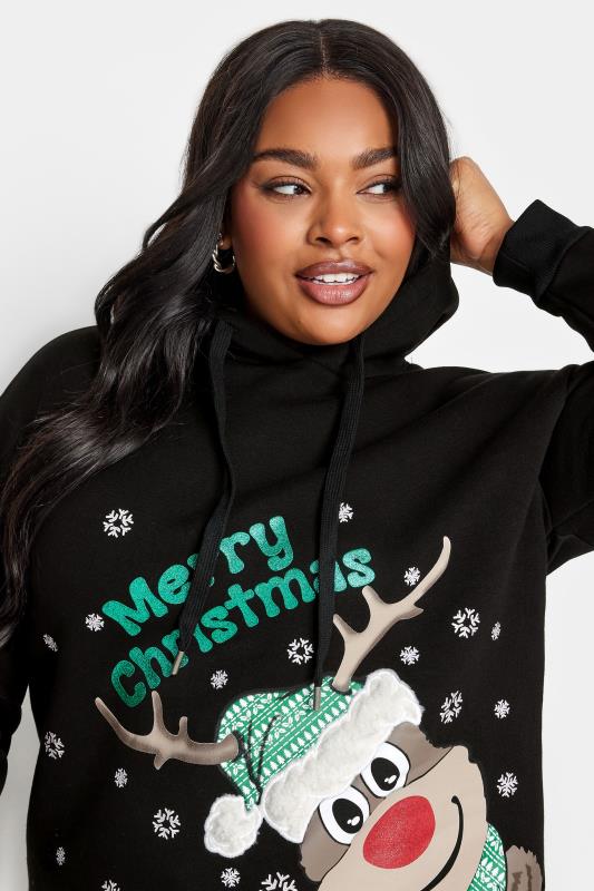 YOURS Plus Size Black 'Merry Christmas' Reindeer Print Hoodie | Yours Clothing 4